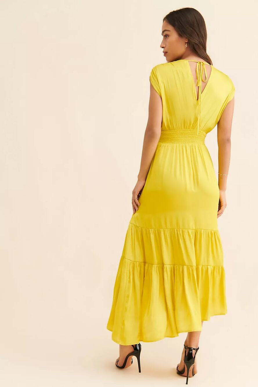 Anthropologie Du Paradis Yellow Tiered Satin Asymmetric Maxi Dress Medium